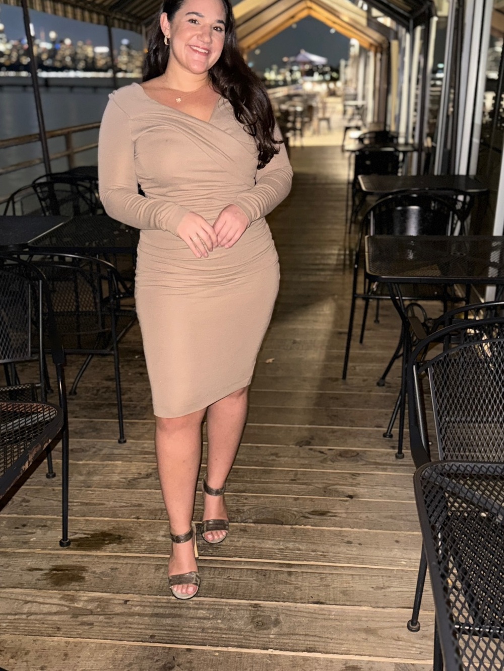 VENUS Taupe Ruched Wrap-Front Long Sleeve Bodycon Dress